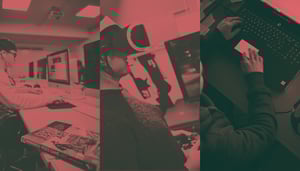 A triptych photo featuring a student working on an iMac, a female student wearing a Playstation VR headset, and a male student coding on an Alienware laptop