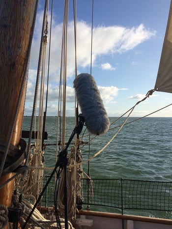 A picture of one of the microphones on the sail boat used for recording location sound for Rime of the Ancient Mariner