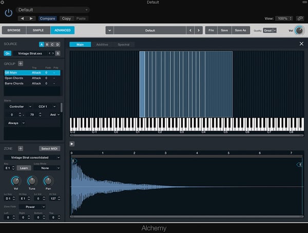 A screenshoot of the user interface of Logics Alchemy granular synth