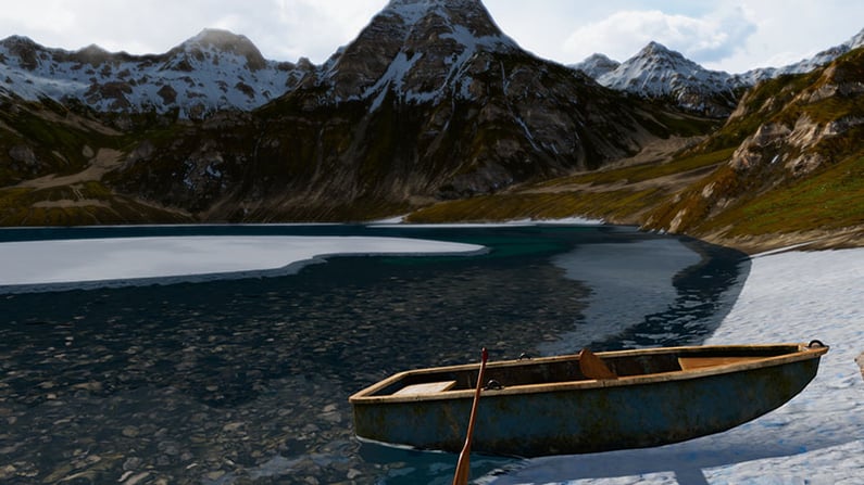 A screenshot of the a boat on the lakeside in Alden Becketts game