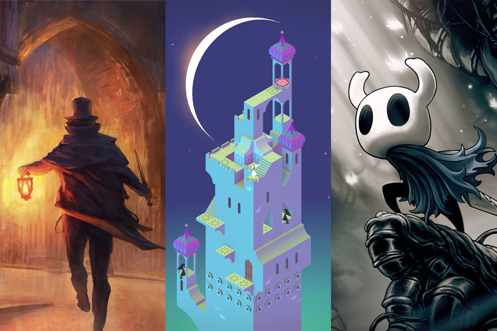 A tripytch image featuring art from Gloomwood, Monument Valley and Hollow Knight