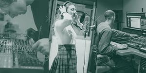 A collage of students performing and mixing music