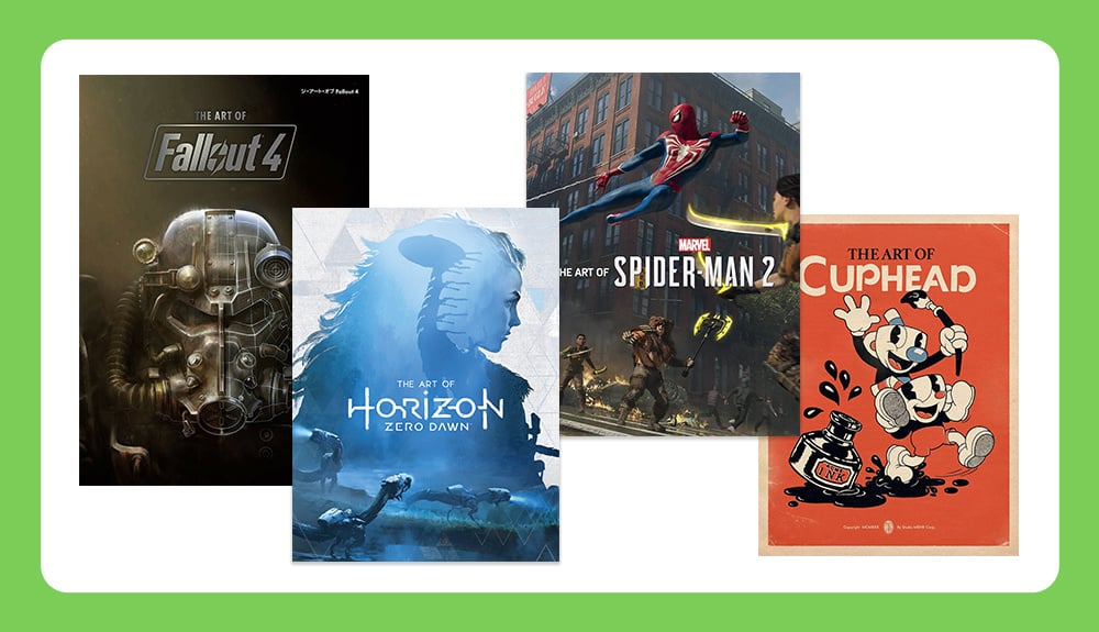 The art book covers for Fallout 4, Horizon, Spider-Man 2 and Cuphead