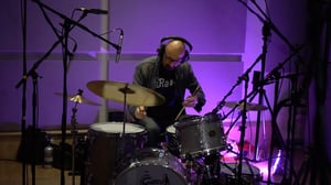 Clive Deamer playing drums in dBs Institute studio 3