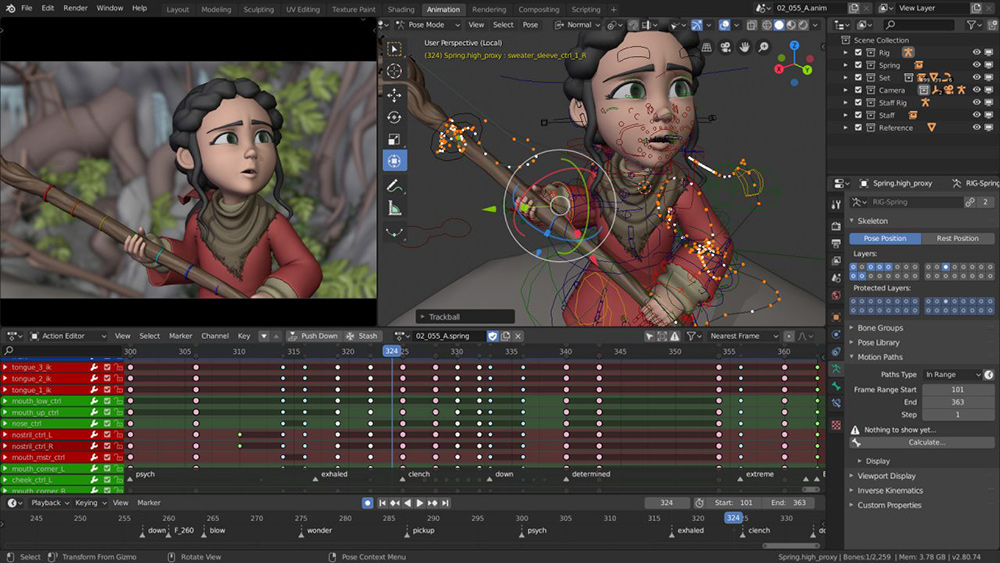 A screenshot of the Blender 3D project used to create the animated short, Spirit