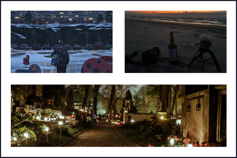 Natalia Mamcarczyks artwork for Childhood of Tomorrow (top left), Where the Pines Whisper (Top right) and The Feast of All Saints (bottom)