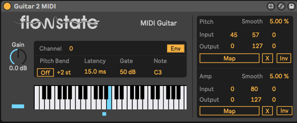 The interface for the MIDI guitar device