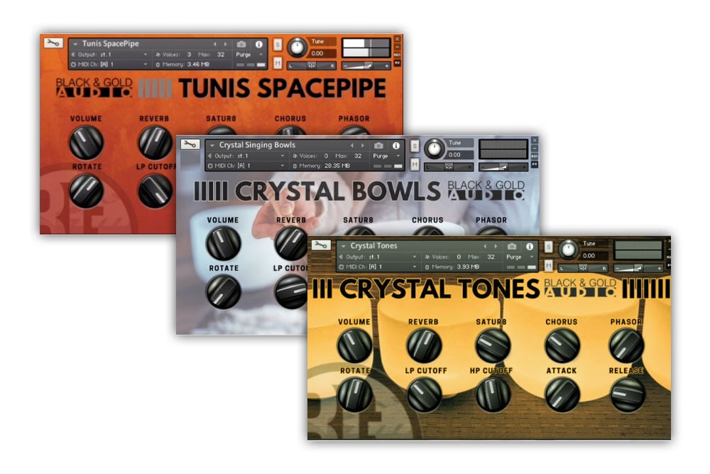 Three of the user interfaces for Sampl'd free instruments