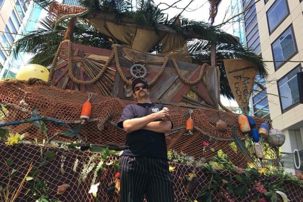 Si Littlewood in front of one of his pirate-themed stages