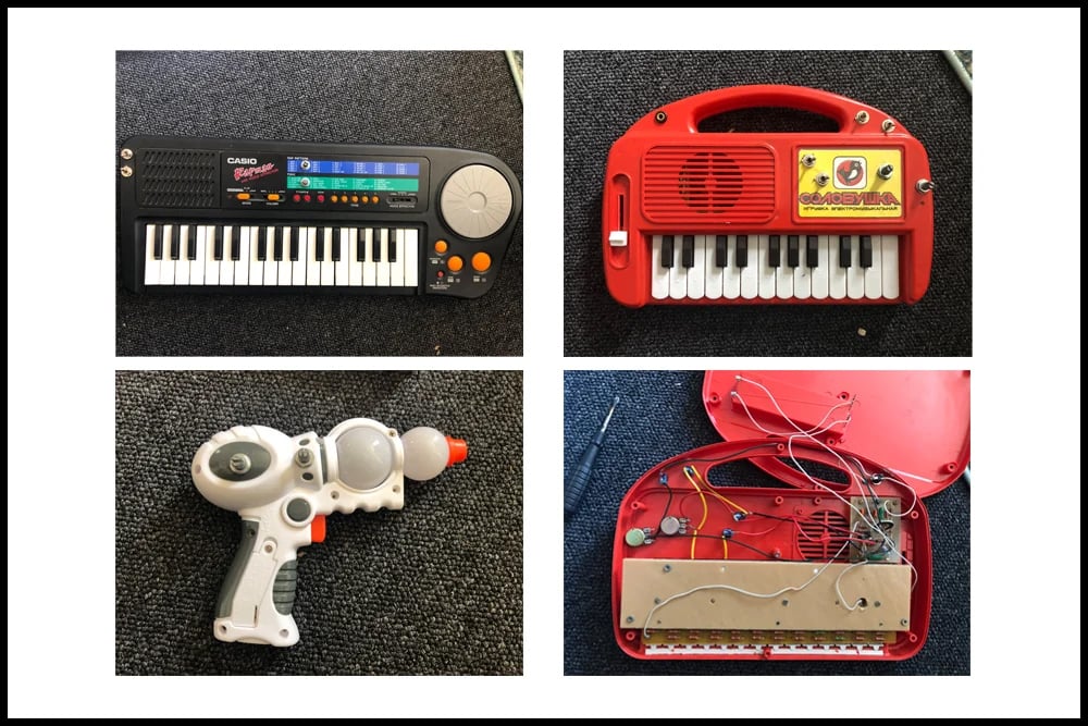 Some of Maxs circuit bent toys including a Casio Keyboard, ray gun and Soviet keyboard - Perfect Imperfections- Max Trivitt discusses circuit bending retro games consoles