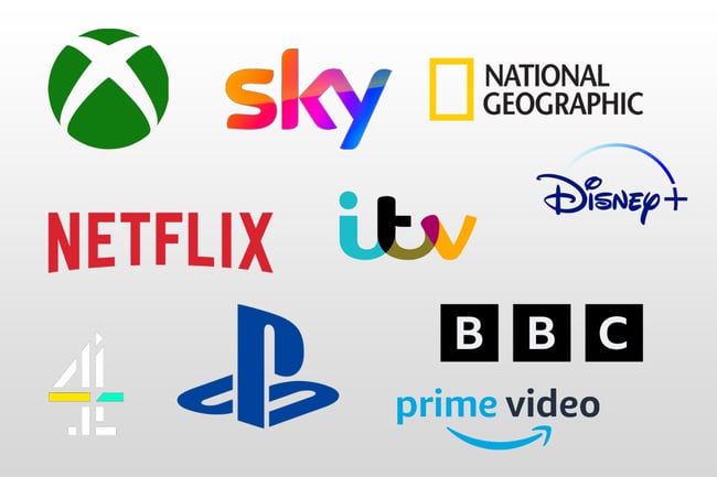 An image collage of TV, streaming and gaming brands