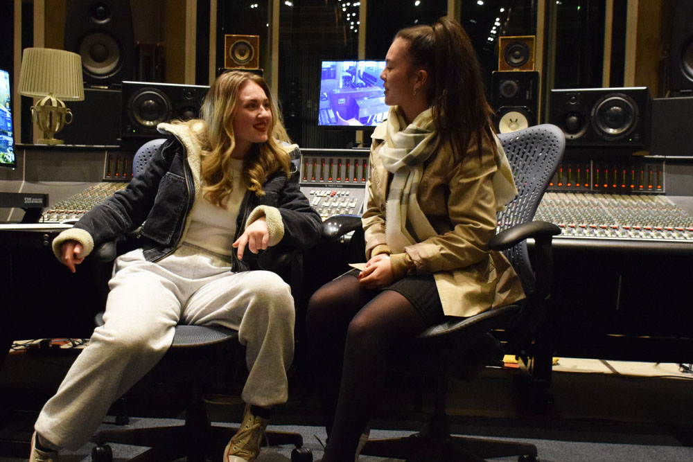 Two young students sat in the control room of Real World Studios