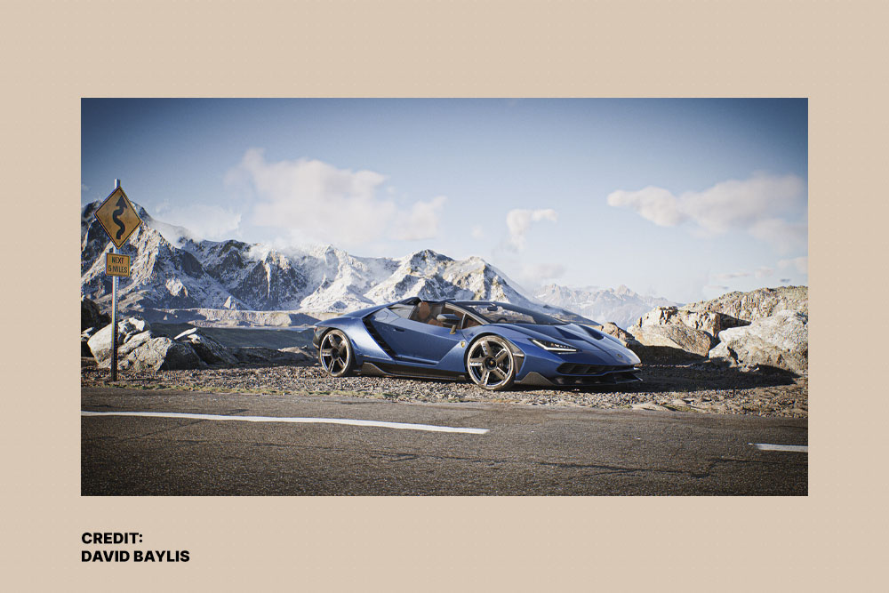 A photorealistc render of a Lamborghini backdropped by snowcapped mountains created in Unreal Engine 5 by David Baylis