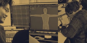 A triptych of images of young people working on game development at the Global Games Jam 2024