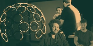 A montage of images including the Sound Mind installation and several Master's students
