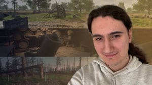 A portrait photo of audio designer Tom Smart overlaid on a triptych of 'Hell Let Loose' screenshots