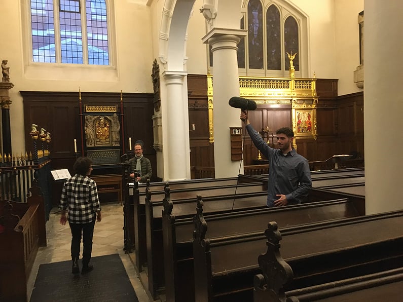 dBs student Joe Valek recording the ambient sounds inside a church