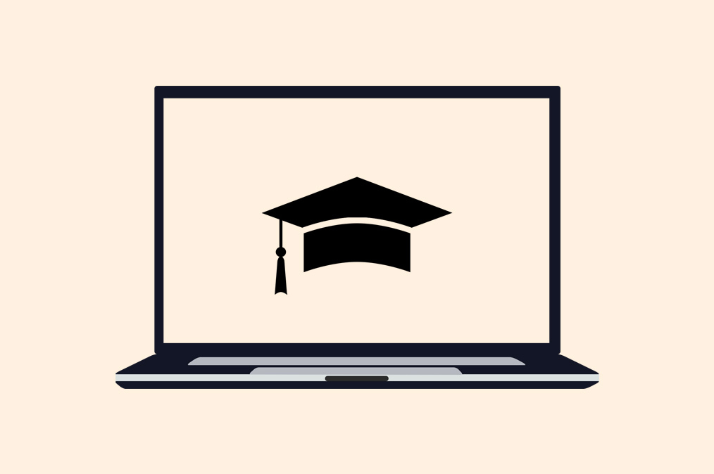 An illustration of a laptop with a mortarboard on the screen